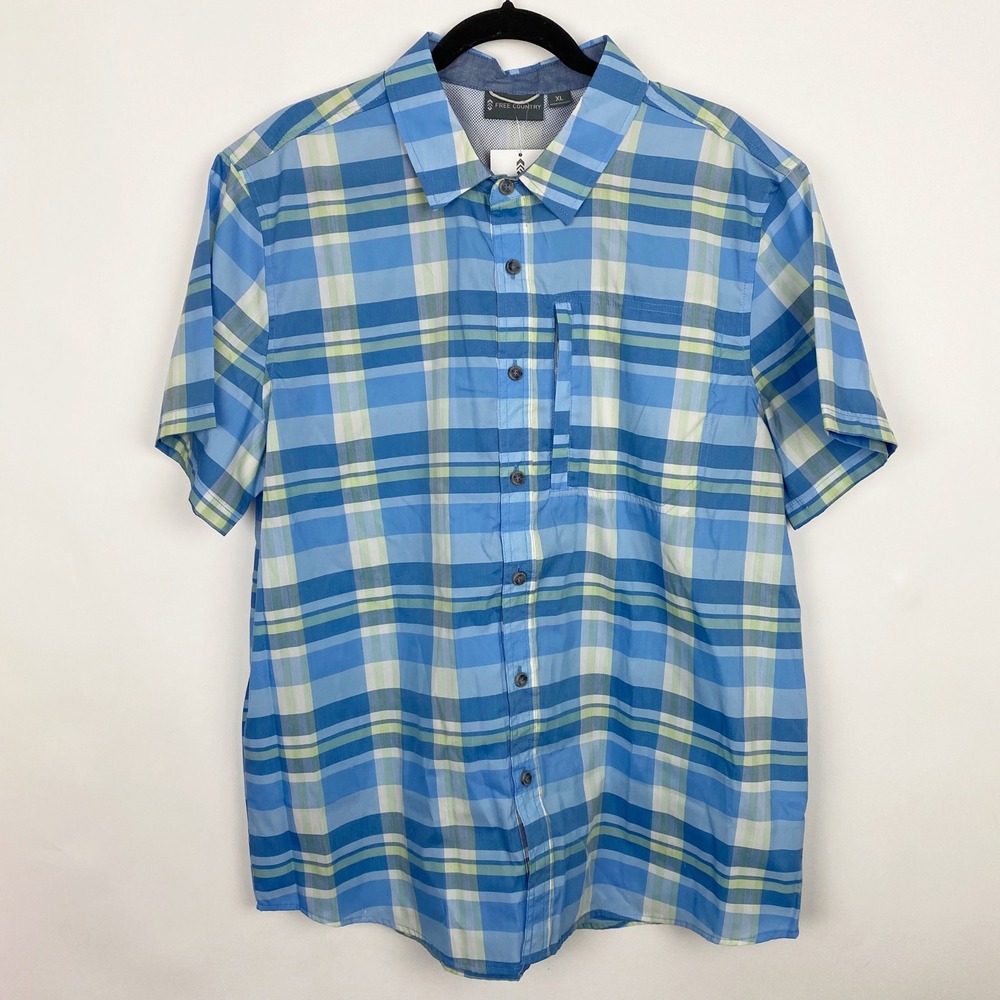 Free Country Excursion Yarn Dye Plaid SS Pocket Shirt Mens XL Blue Green NEW